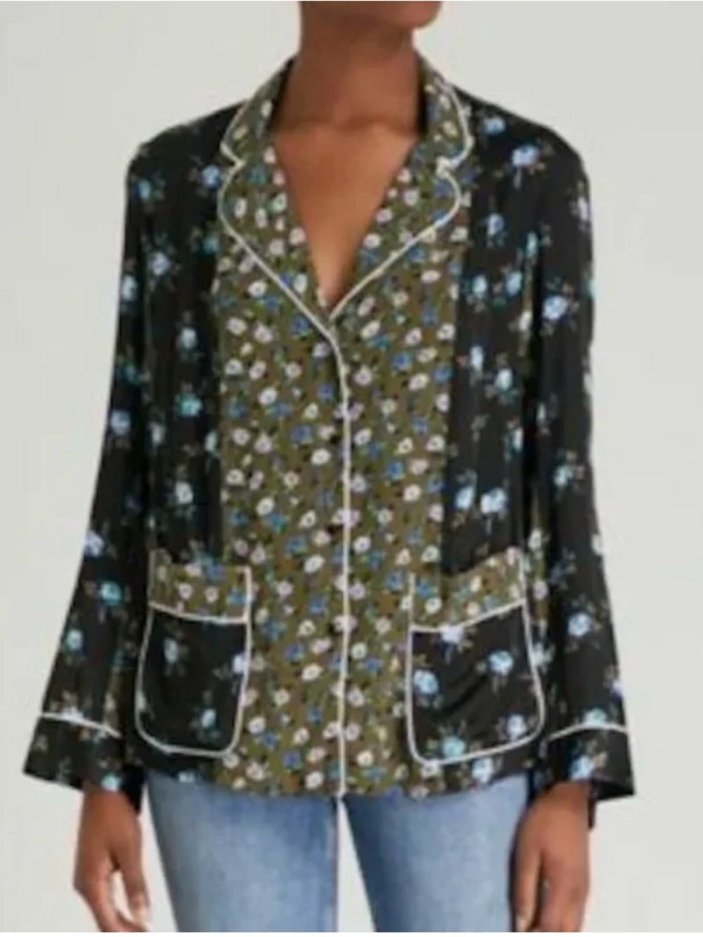 NWT Sandro Paris Crepe & Satin Noisette Shirt In Black Floral Size 3 - Picture 1 of 11